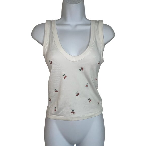 Sz.L*HARPER & IVY*White Ribbed-Knit Crop Top--Embroidered Cherries - Picture 1 of 3